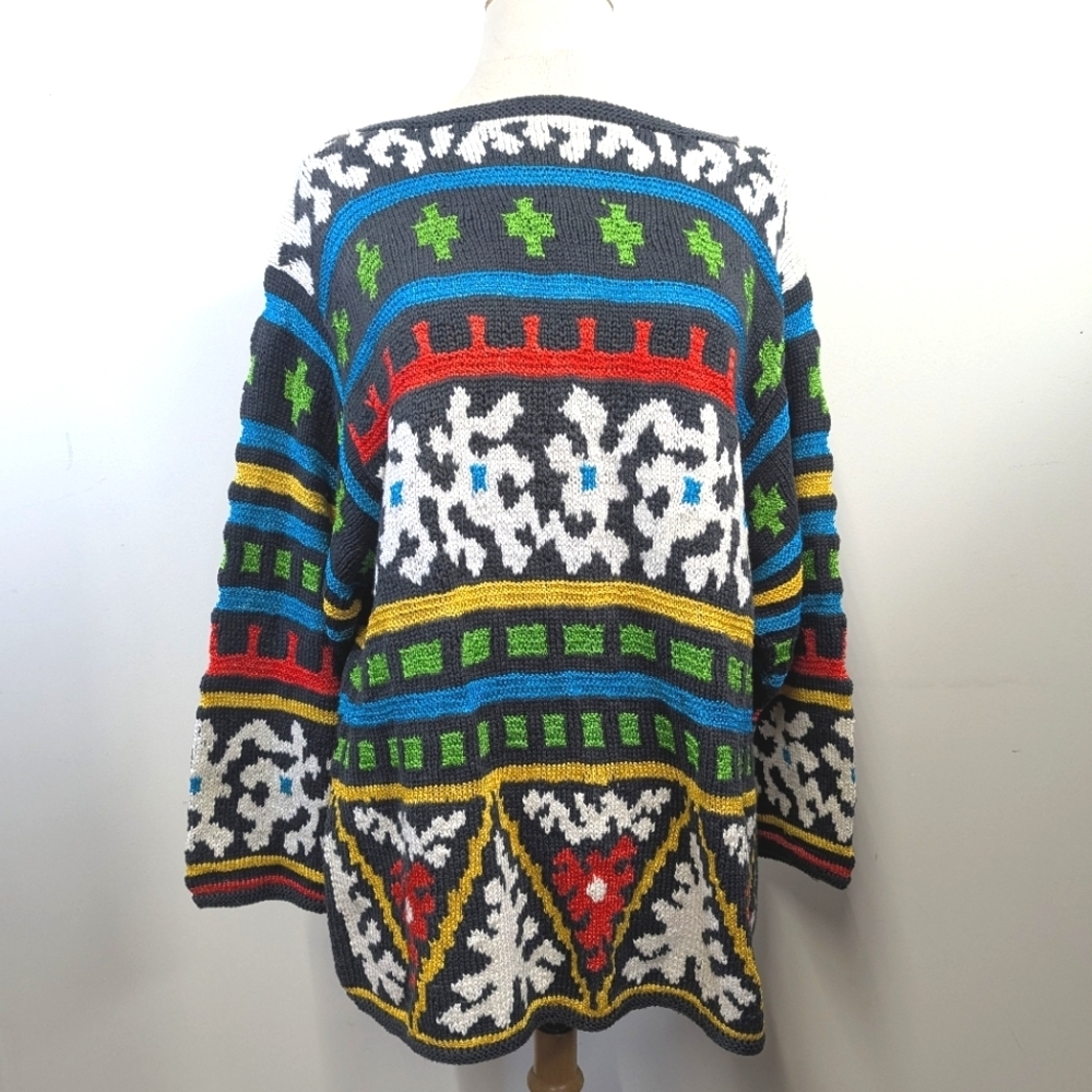 Vintage 80s 90s Anne Klein Colorful Crew Neck Sweater with Geometric Patterns L